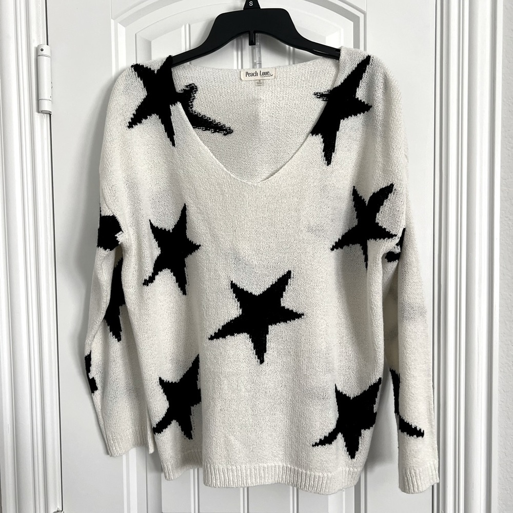 Peach Love California White Sweater Black Stars - Picture 5 of 7